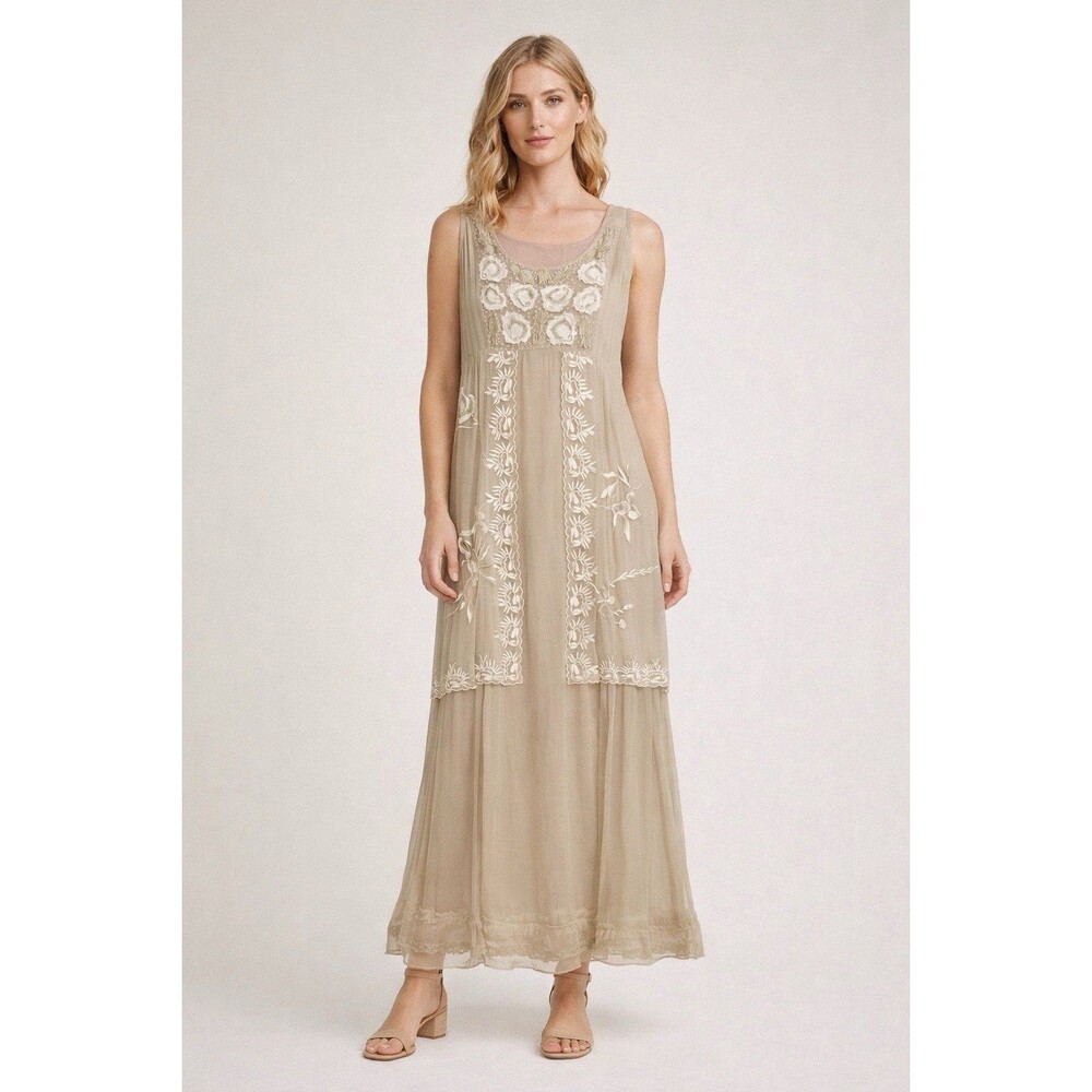 Nataya 2 Pc Dress Set Sm Beige Embroidered Beaded Ethereal Fairy Boho Cottage‎